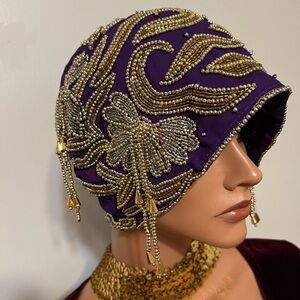 Purple Gold Flapper Hat Cloche Elegant Purple Beaded Women's Hat